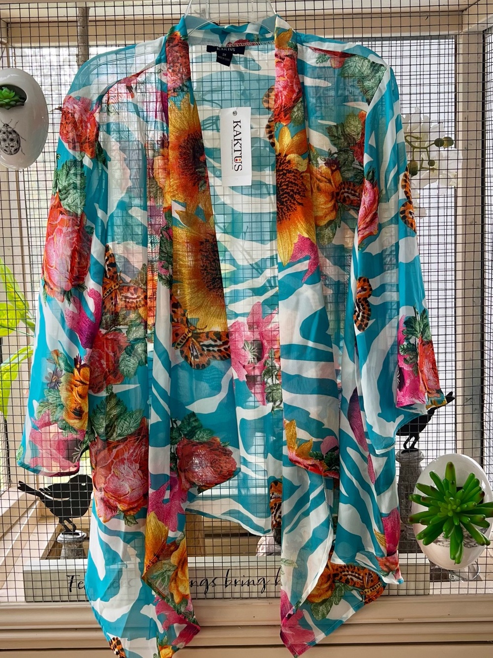 Kaktus Turquoise Floral Sheer Open-Front Kimono 1-2X